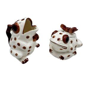 Vintage Seymour Mann Polka Dot Frog Creamer Sugar Bowl Set Ceramic White Brown